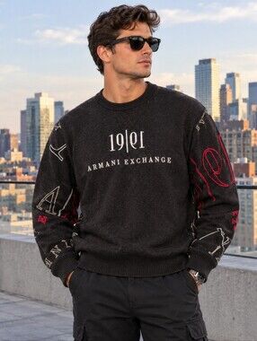 $198 Armani Exchange Black Crewneck Men Sweater Logo